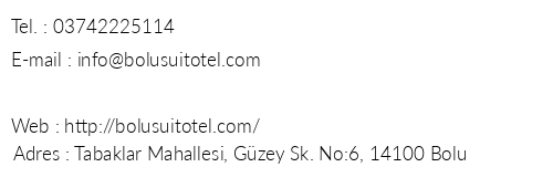 Bolu Suit Otel telefon numaralar, faks, e-mail, posta adresi ve iletiim bilgileri